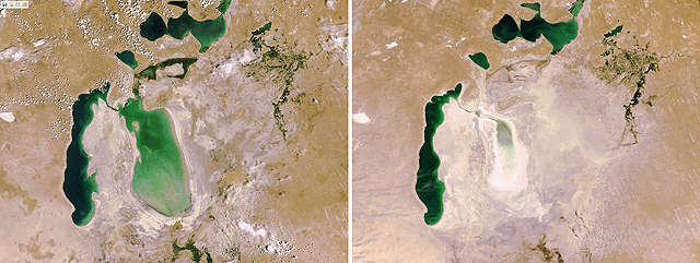 Imágenes del mar de Aral en 2006 y 2009 captadas por el satélite Envisat. | Afp / ESA