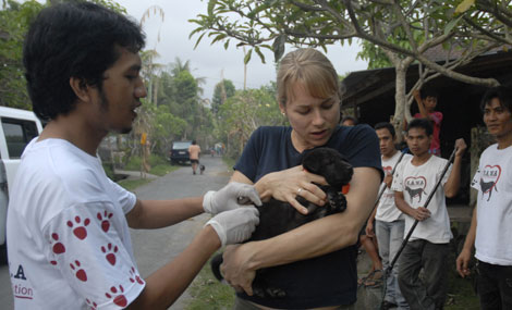 Elly Hiby, de WSPA, sostiene a un cachorro mientras es vacunado contra la rabia.