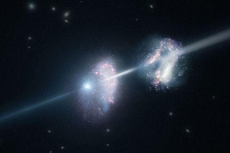 Recreación de dos galaxias, cruzadas por una explosión de rayos gamma. | ESO
