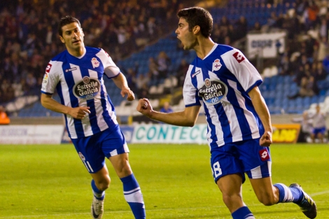 Juan Domínguez festeja el 3-1 ante el Numancia. | Jorge Graña (ADG)