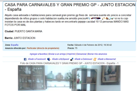 Uno de los miles de anuncios que se leen en internet de casa en alquiler para carnavales.