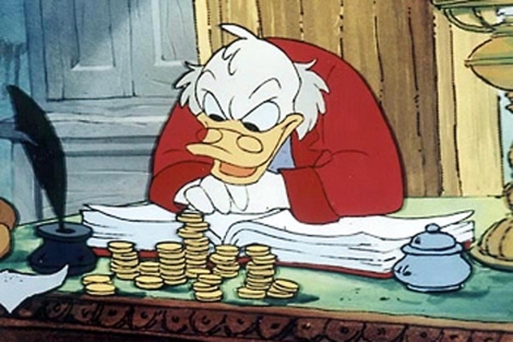 El tío Gilito de Disney caracterizado como el avaricioso míster Scrooge de Dickens.