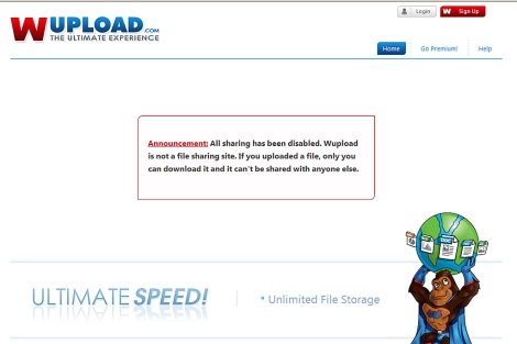 Advertencia en la página principal de Wupload.