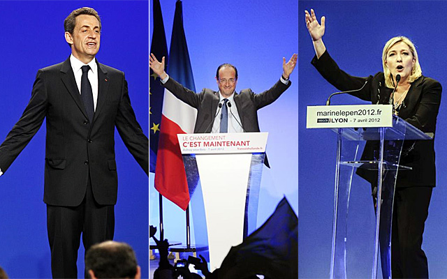 Nicolas Sarkozy, François Hollande y Marine LePen.
