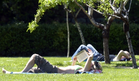 Una joven toma el sol en el césped de El Retiro. |
Carlos Miralles Una joven toma el sol en el césped de El Retiro. | Carlos
Miralles